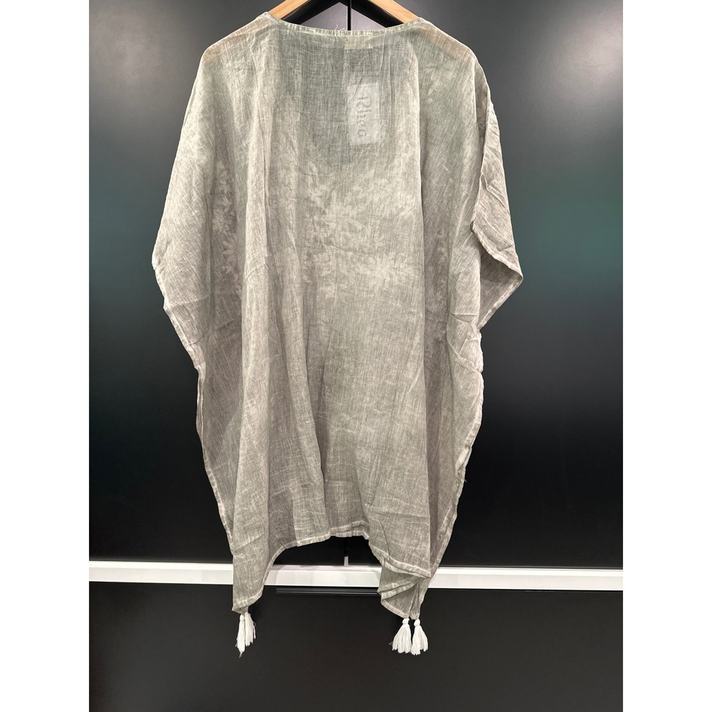 Rhea Laurels Hand Embroidered Short Kaftan Grey Cotton Tassel Cover Up One Size - Picture 2 of 3